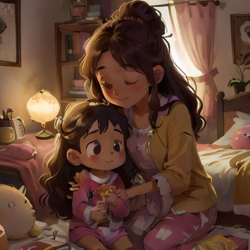 a woman and a child sitting on a bed together in a room with a teddy bear and a lamp