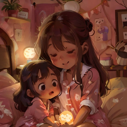 a woman and a child are laying in bed together and reading a book together, with a light shining on the bed