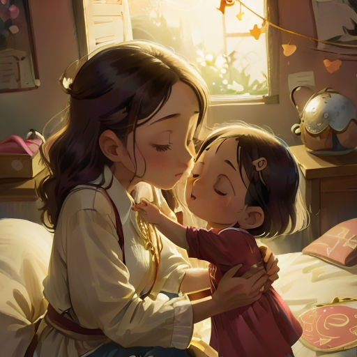 a woman and a child are kissing on a bed in a room with a window and a string of lights