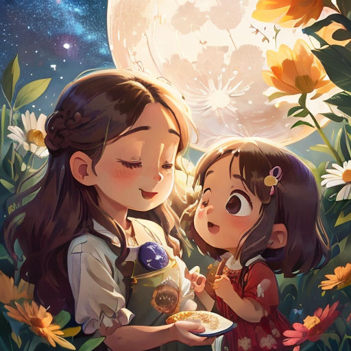 two girls are standing in the grass with a plate of food in front of a full moon and flowers