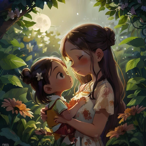 a mother and daughter hugging in the woods with the sun shining through the trees behind them and the moon shining through the leaves