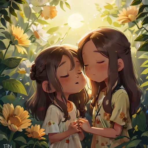 two young girls are kissing in the sunflowers with their eyes closed and their hands together, with the sun shining behind them