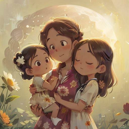 a mother and two children are standing in a field of flowers and grass with a full moon in the background