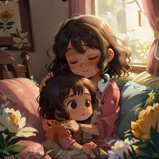 a mother and daughter sitting on a bed together, hugging and cuddling each other, with flowers in the background
