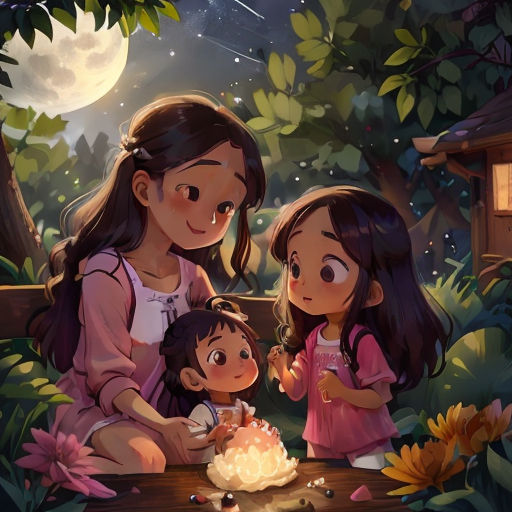 a mother and two daughters are sitting on a bench in the woods with a cake in front of them