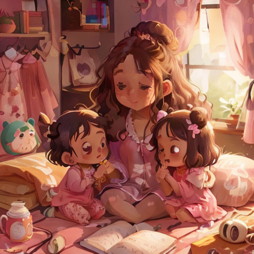 a mother and two daughters reading a book in bed together, with a teddy bear on the bed behind them