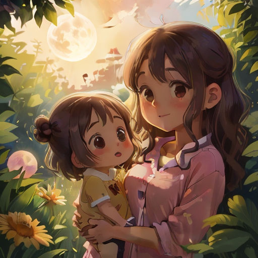 a woman holding a child in a field of flowers with the sun shining behind her and a bird flying overhead