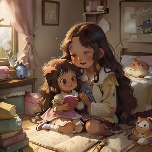 a woman sitting on a bed with a child reading a book in front of her and a teddy bear