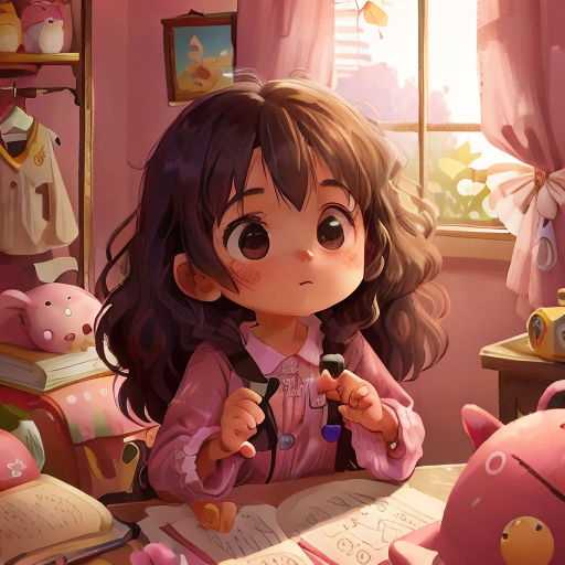 a girl sitting at a table with a pig toy in front of her and a book in front of her