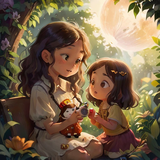 two little girls sitting on a bench in the woods looking at a camera and a fox in the foreground