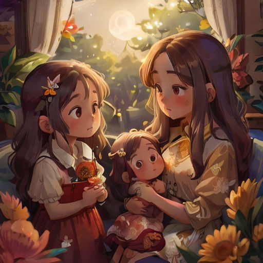 two girls and a baby are standing in a garden with sunflowers and a window behind them, and a little girl is holding a doll