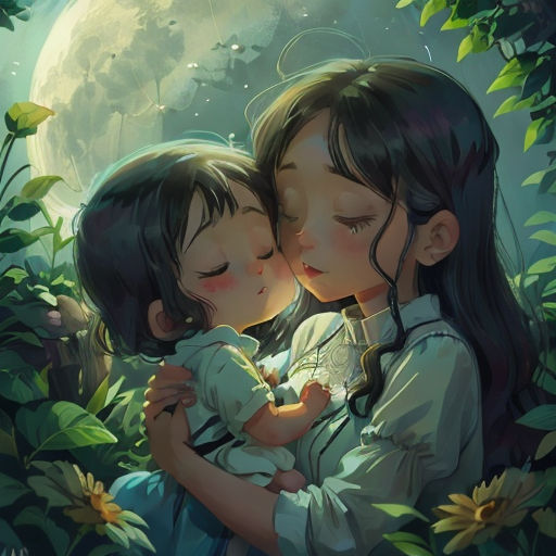 two children are kissing in the woods with a full moon behind them and a full moon behind them, and a full moon behind them