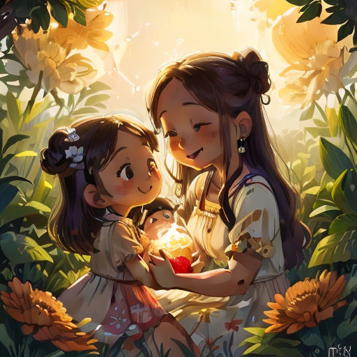 two girls are holding a heart in a forest with sunflowers and flowers around them, and the girl is holding a heart in her hands
