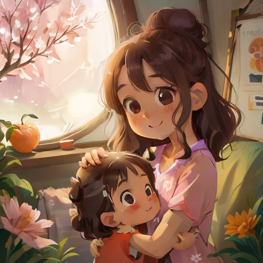 a girl and a girl hugging each other in front of a window with flowers and a tree in the background