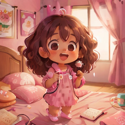 a little girl in a pink dress standing on a bed with a pink blanket and pink pillows and a pink wall
