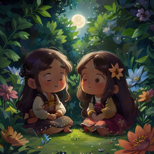 two little girls sitting on the ground in the grass with flowers around them and a full moon in the background
