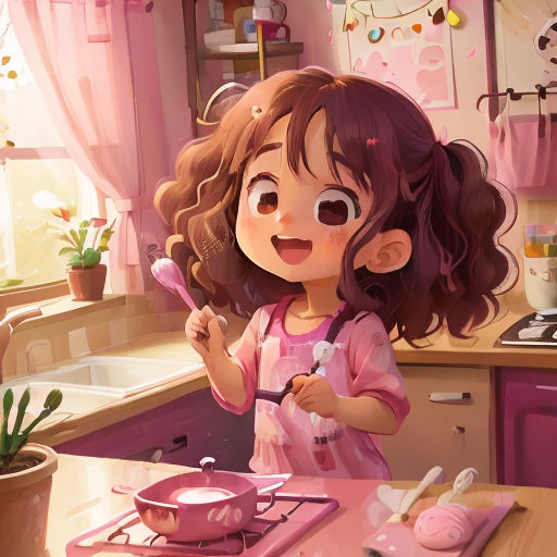 a little girl is cooking in a kitchen with a pink stove top oven and a pot and pan on the counter