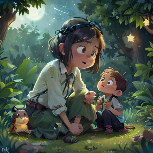 a woman and a boy are sitting in the woods together, looking at something in the distance, with a star in the sky above