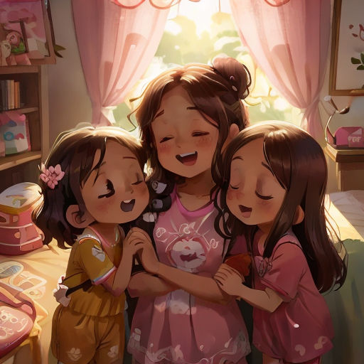 three little girls hugging each other in a room with pink curtains and a window behind them, and a pink curtain