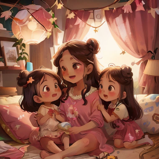 a mother and two daughters sitting on a bed together in a bedroom with pink curtains and pink curtains on the window