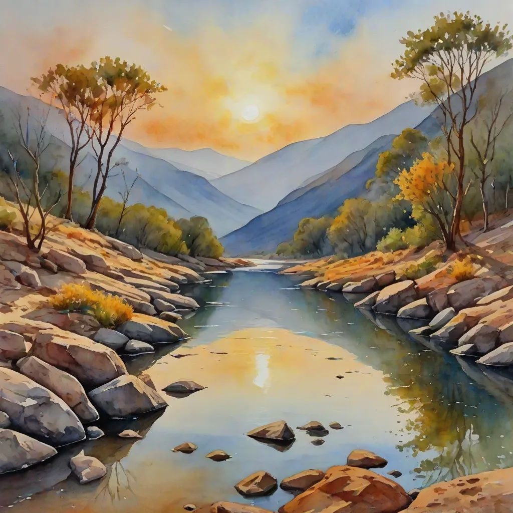 a painting of a river with rocks and trees in the background and a sunset in the distance with a mountain range in the background, american scene painting, an airbrush painting, Art Brenner, detailed painting