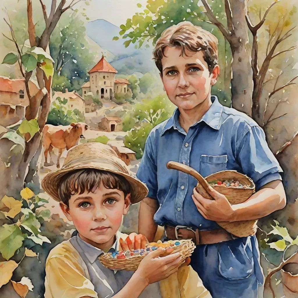 a painting of two boys holding a basket of food in front of a cow and tree covered hillside with a house in the background, figurative art, a detailed painting, Brothers Hildebrandt, highly detailed oil painting