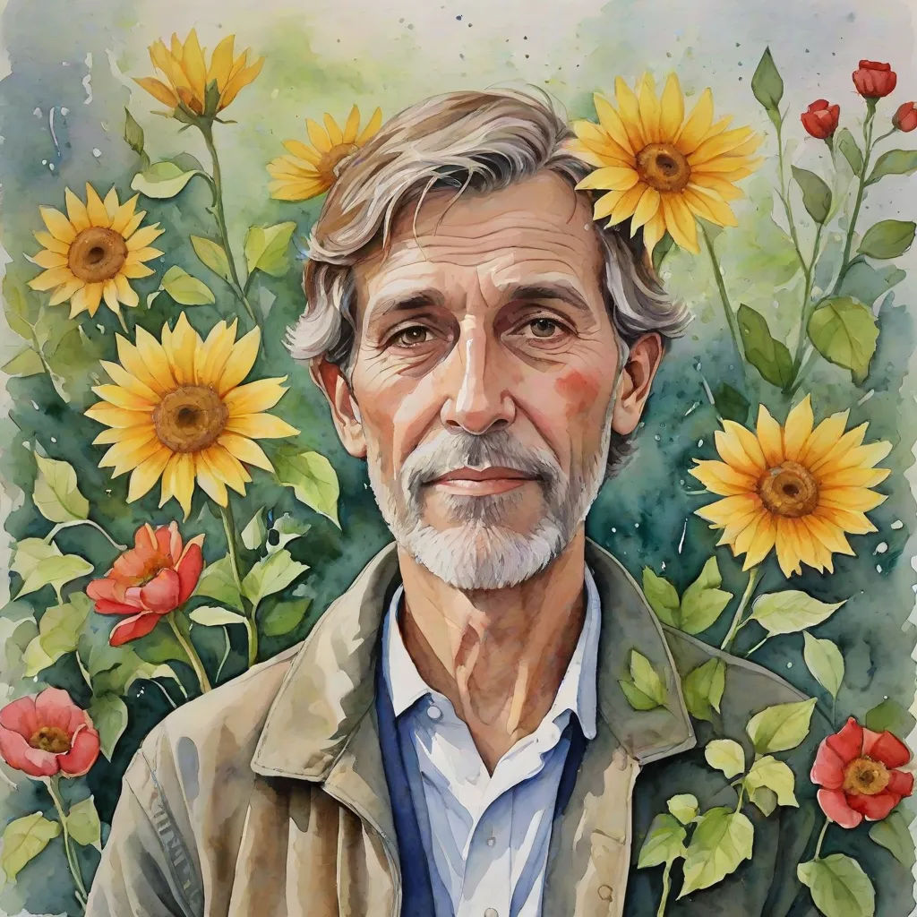 a painting of a man with sunflowers in his hair and a jacket on his shoulders and a beard, ecological art, a watercolor painting, Aaron Jasinski, in gouache detailed paintings