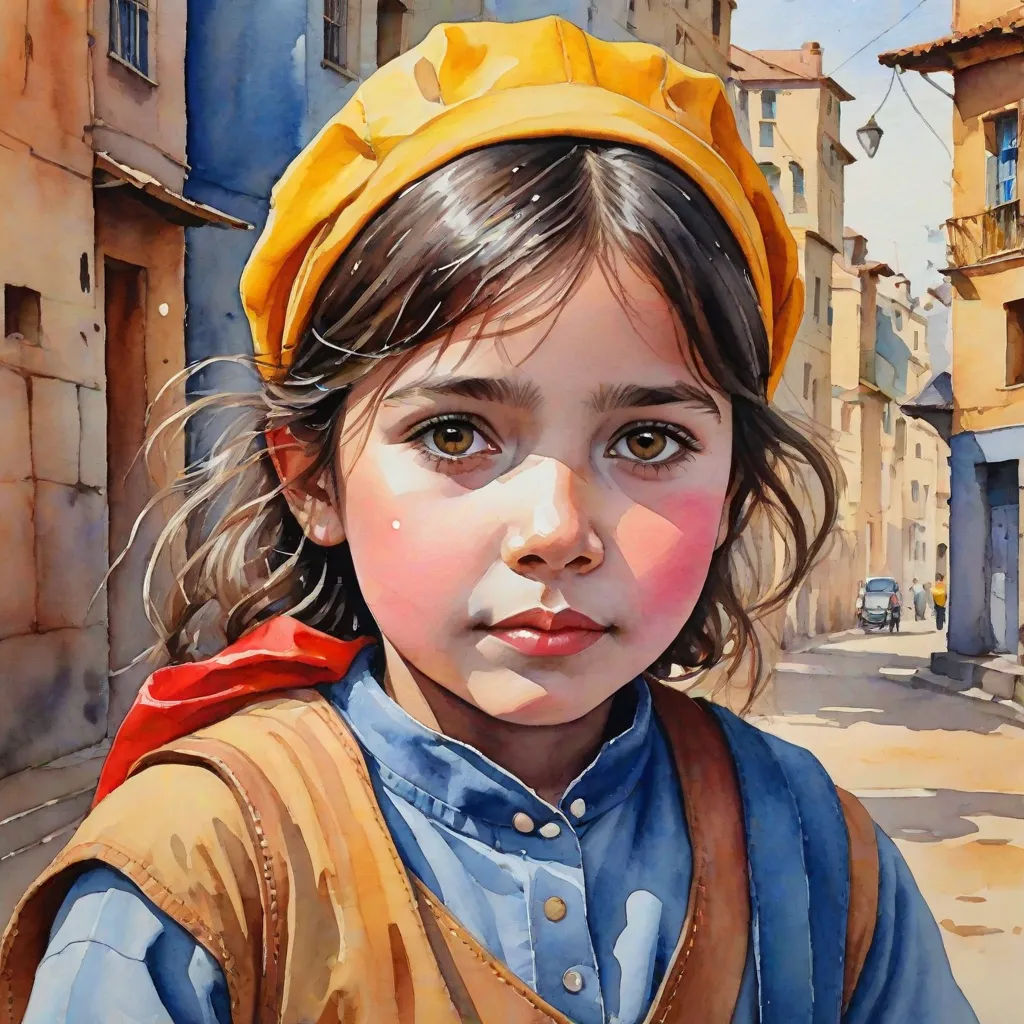 a painting of a little girl in a yellow hat and blue shirt and a yellow scarf on her head, figurative art, a watercolor painting, Art Brenner, highly detailed oil painting