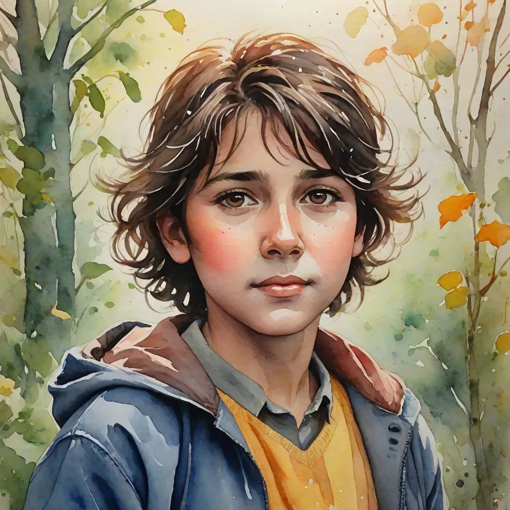a painting of a boy in a blue jacket and yellow shirt in a forest with trees and leaves on the ground, photorealism, an ultrafine detailed painting, Aaron Jasinski, stanley artgerm lau