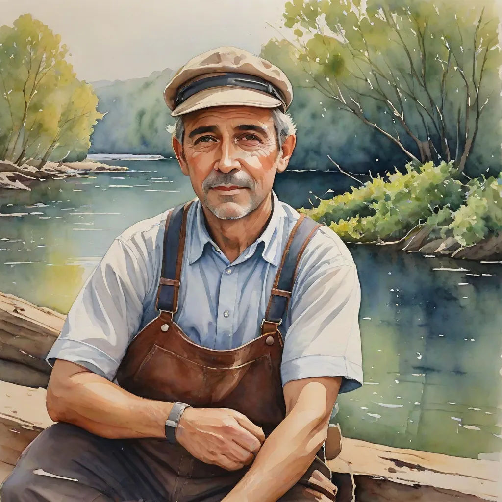 a painting of a man sitting on a log by a river with a hat on his head and a brown apron, american scene painting, an ultrafine detailed painting, Bob Byerley, in gouache detailed paintings