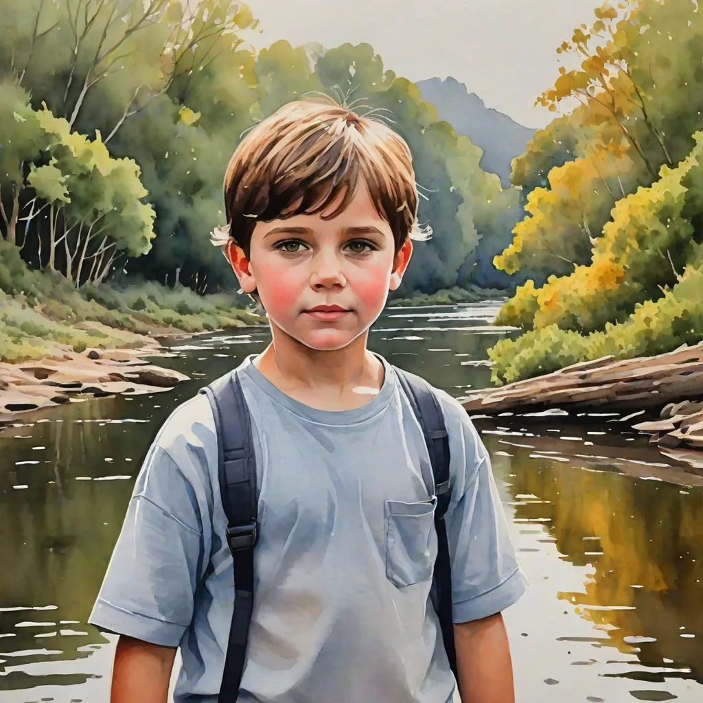 a painting of a boy standing in front of a river with a backpack on his shoulder and a mountain in the background, photorealism, a photorealistic painting, Carol Sutton, extremely detailed oil painting