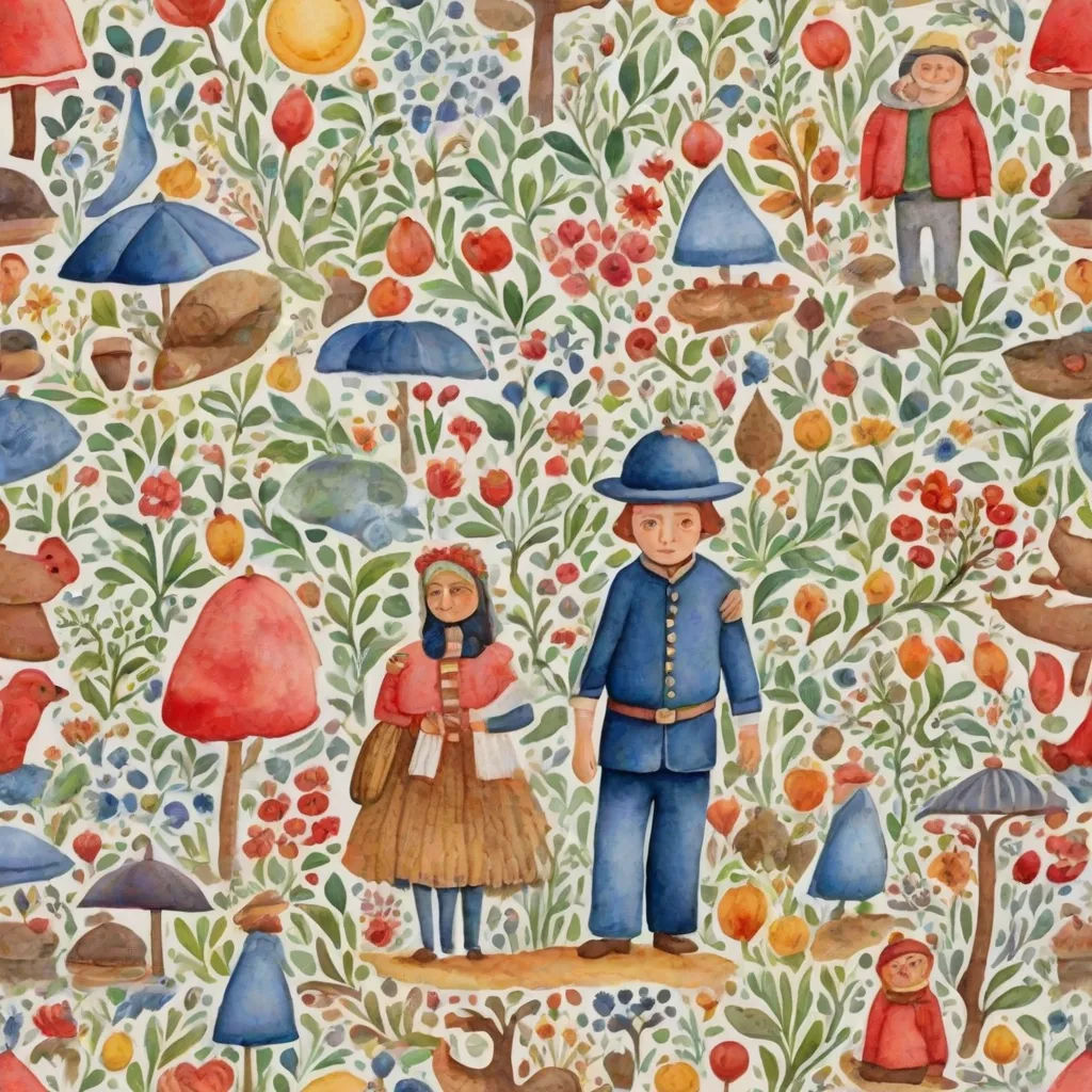 a painting of a man and woman in a garden with mushrooms and flowers on a white background with a blue hat, naive art, a detailed painting, Chris LaBrooy, in gouache detailed paintings