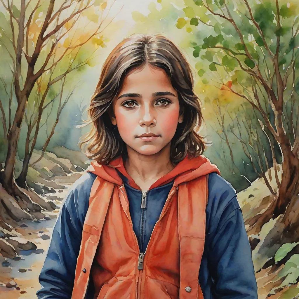 a painting of a young girl in a forest with trees and rocks on the ground, wearing a red vest, figurative art, a photorealistic painting, Diego Gisbert Llorens, extremely detailed oil painting