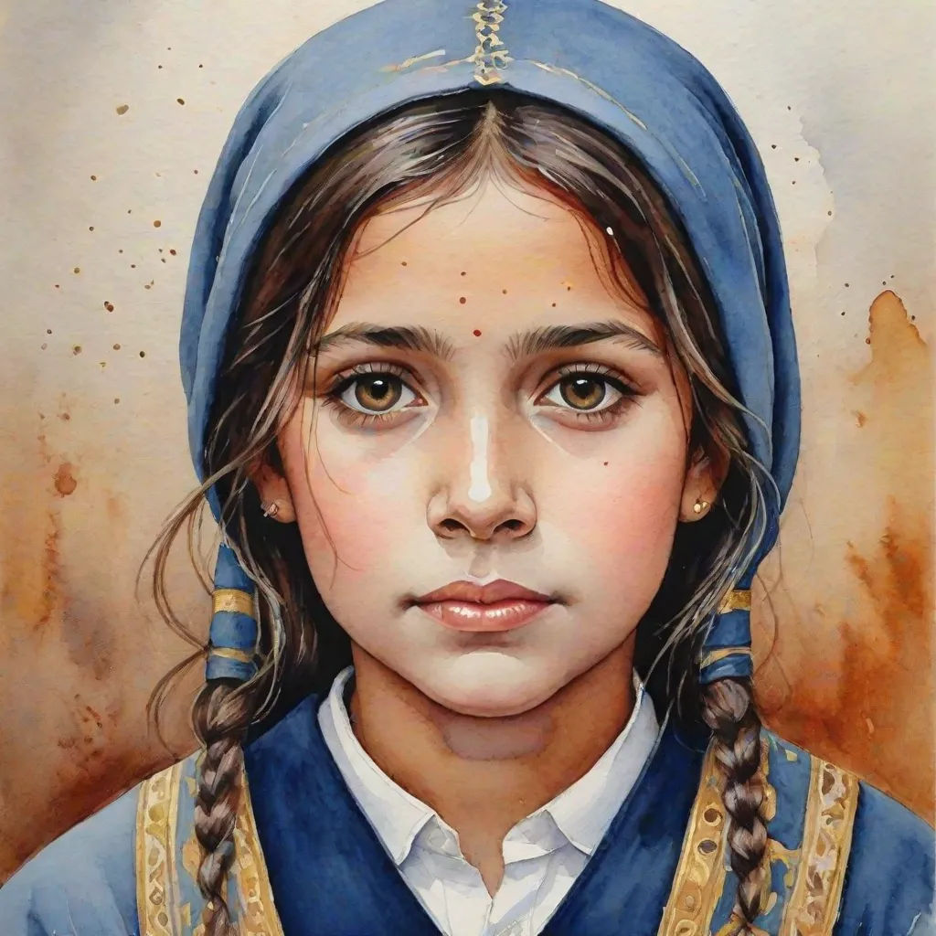 a painting of a girl with a blue dress and a blue head scarf on her head and a brown background, figurative art, an oil on canvas painting, Arie Smit, highly detailed portrait