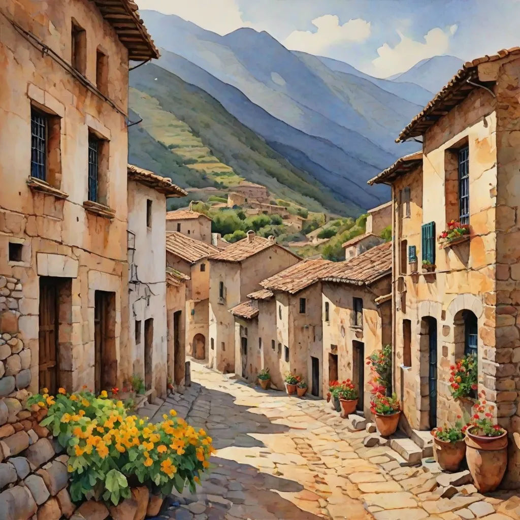 a painting of a street with flowers in pots and mountains in the background with clouds in the sky and a few buildings, american scene painting, a detailed matte painting, Art Brenner, stanley artgermm