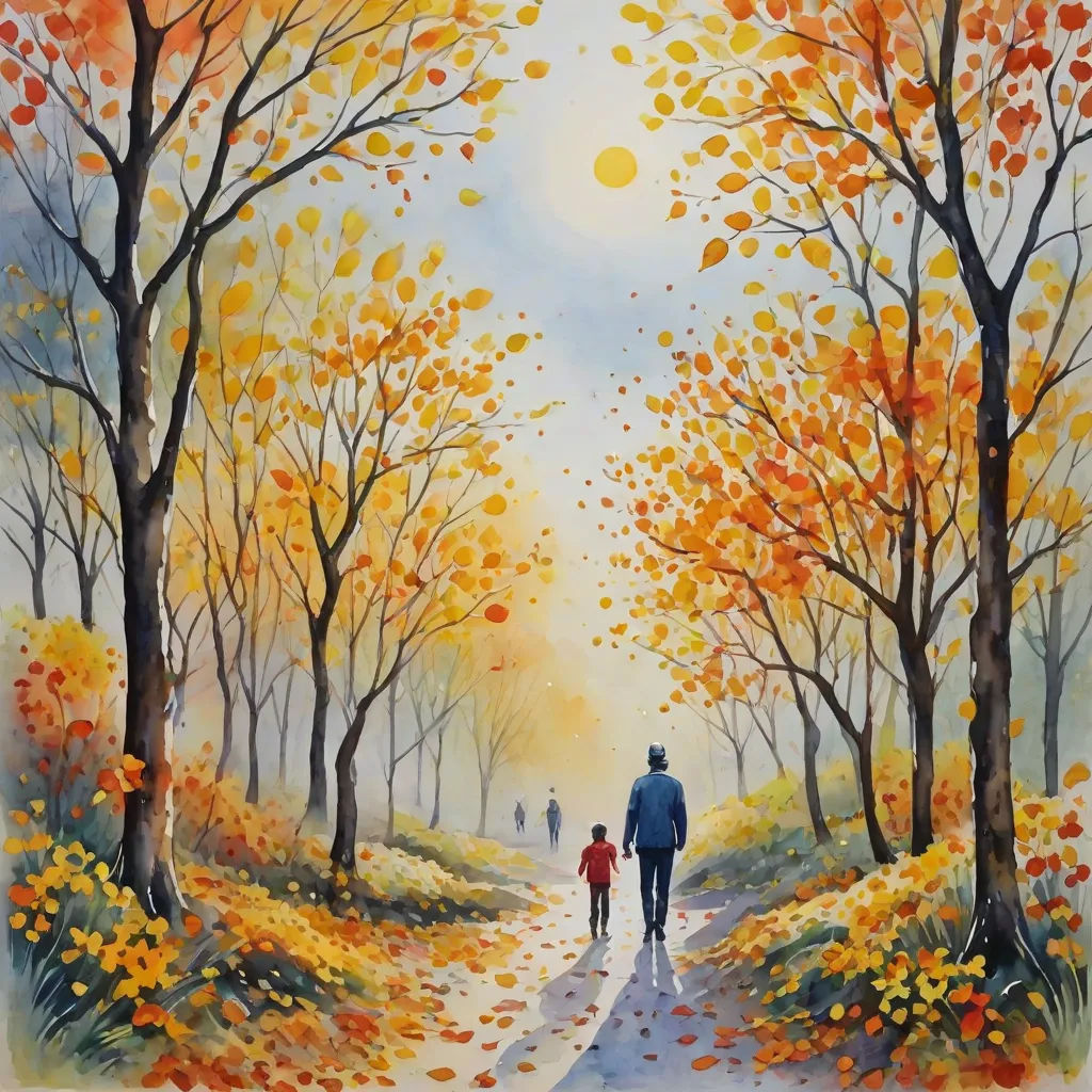a painting of a man and a child walking down a path in the woods with trees and leaves on both sides, naive art, a watercolor painting, David Martin, autumn