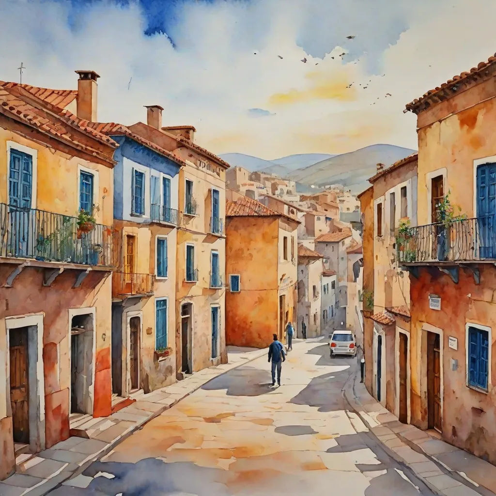 a painting of a man walking down a street in a town with buildings and a car parked on the side of the street, modern european ink painting, a watercolor painting, Art Brenner, watercolor