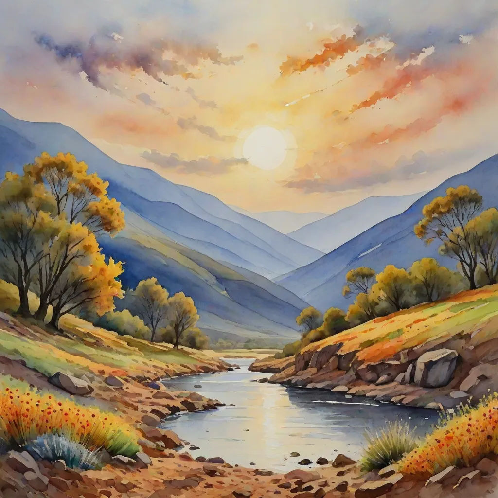 a painting of a river in a mountainous area with trees and mountains in the background, with a sunset, american scene painting, a fine art painting, Art Brenner, beautiful landscape