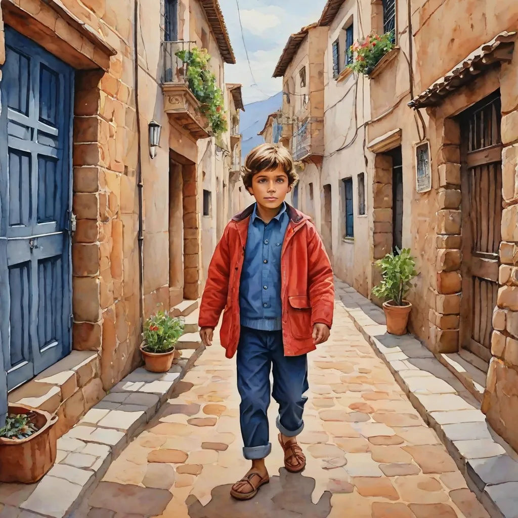 a painting of a boy walking down a street in a village with stone buildings and blue doors and a blue door, figurative art, an oil on canvas painting, Bob Byerley, highly detailed oil painting