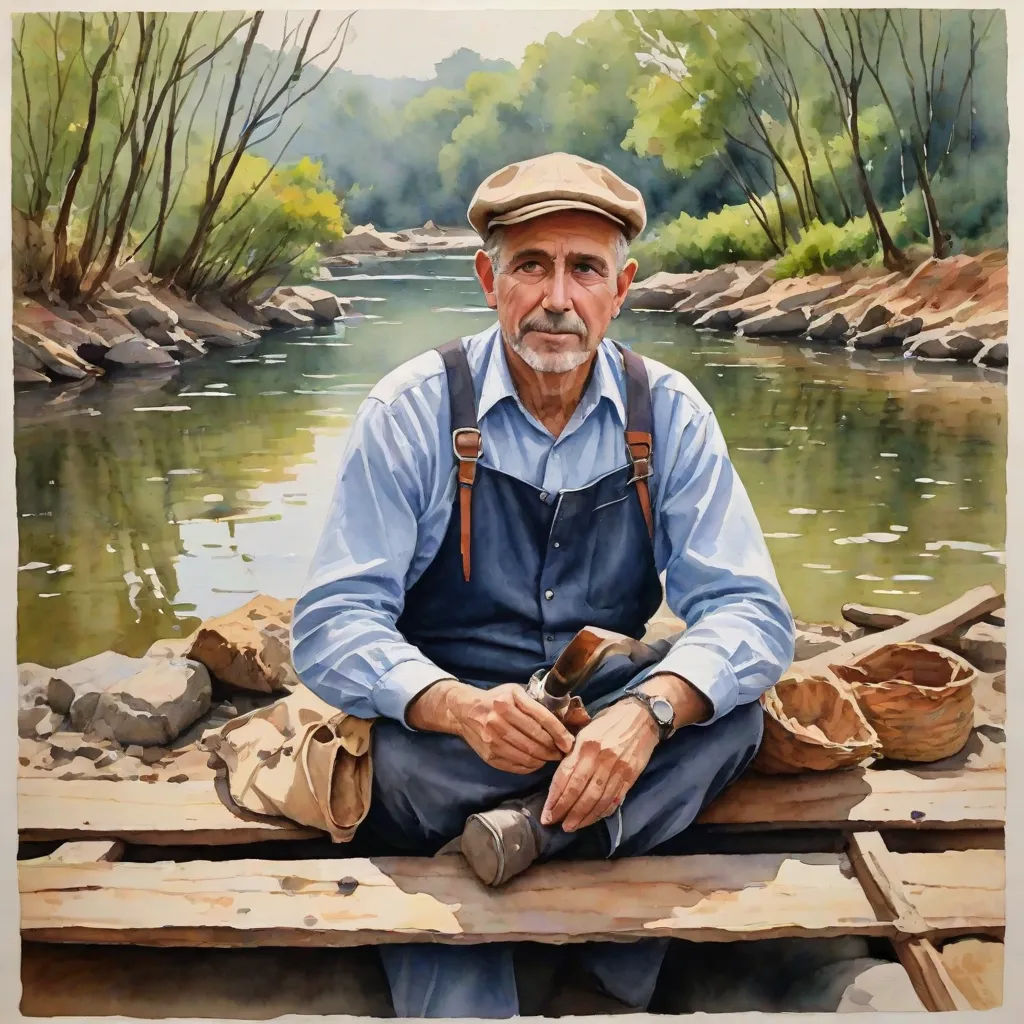 a painting of a man sitting on a dock with a fishing rod in his hand and a hat on his head, american scene painting, a photorealistic painting, Bob Byerley, in gouache detailed paintings