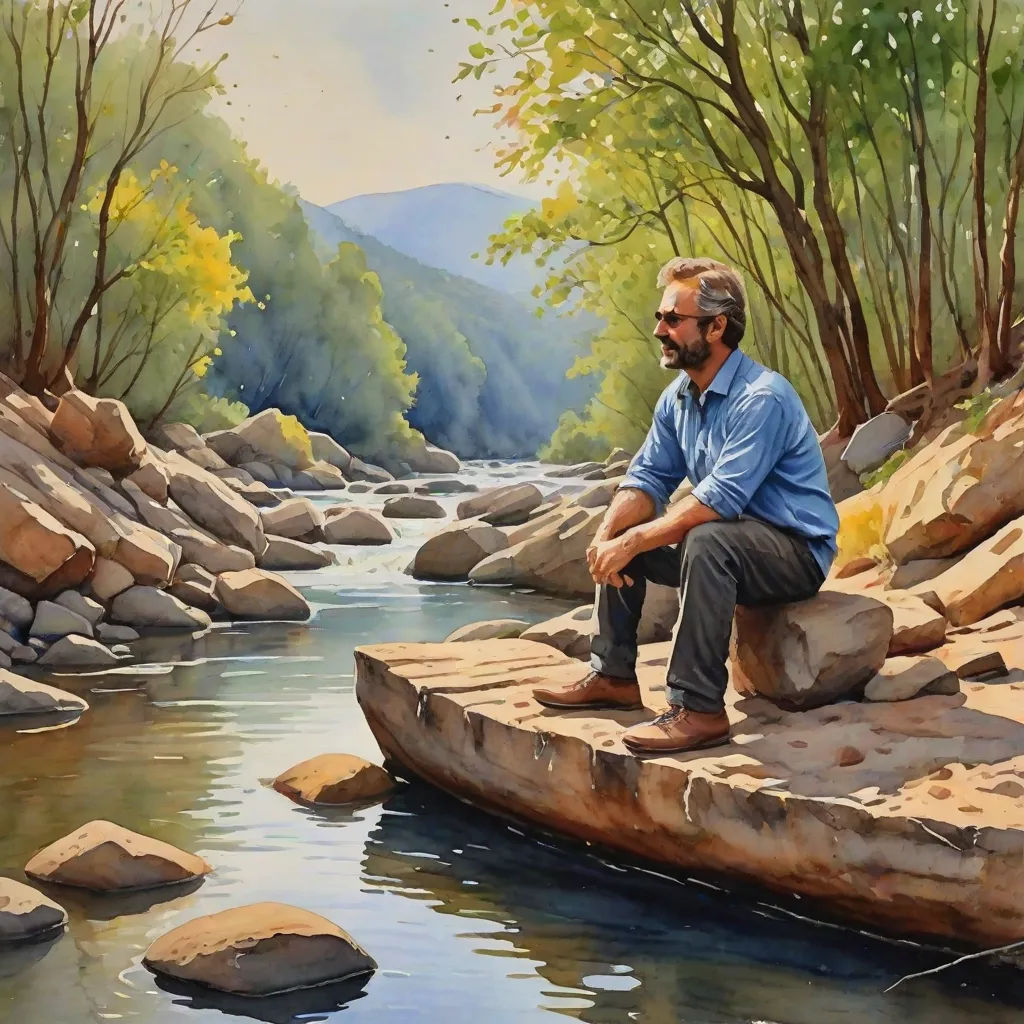a painting of a man sitting on a rock by a river with trees and rocks in the background and a mountain range in the distance, figurative art, a fine art painting, Eric Zener, realistic painting