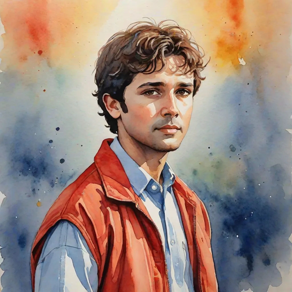 a painting of a man in a vest and shirt with a red vest on his shoulders and a blue shirt on his chest, figurative art, a watercolor painting, Diego Gisbert Llorens, watercolor