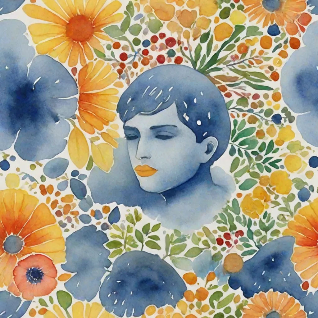 a painting of a woman surrounded by flowers and leaves with a blue face and yellow and orange flowers on a white background, metaphysical painting, a watercolor painting, amy sol, in gouache detailed paintings