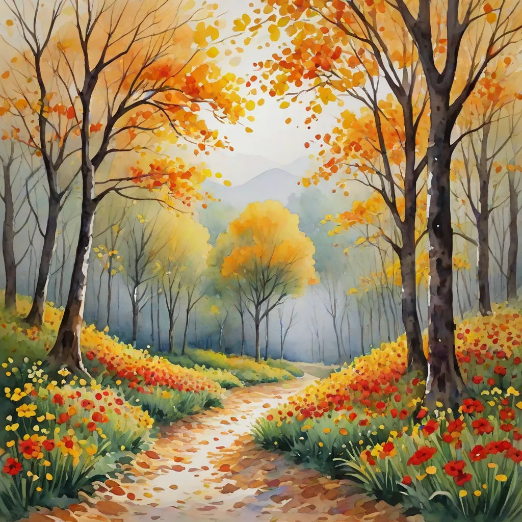 a painting of a path through a forest with flowers and trees in the fall colors of the season, with a mountain in the background, american scene painting, an airbrush painting, David Martin, painting