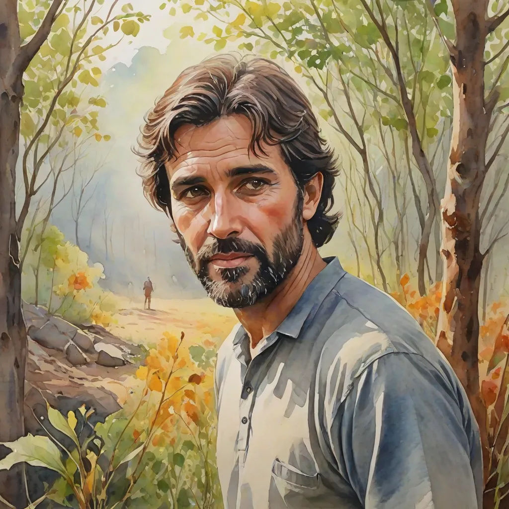 a painting of a man in a forest with trees and grass in the background and a man in the foreground, figurative art, a photorealistic painting, David Palumbo, realistic portrait