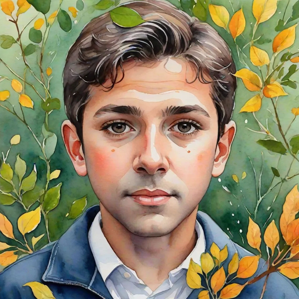 a painting of a man with a blue jacket and yellow leaves on his head and shoulders, with a green background, american realism, a detailed painting, Aaron Jasinski, in gouache detailed paintings