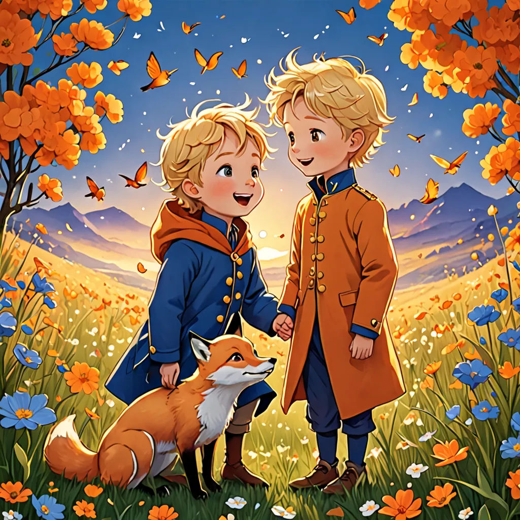 two children are standing in a field with a fox and butterfly background, and one of them is holding the hand of the other child, furry art, a storybook illustration, Brothers Hildebrandt, official art