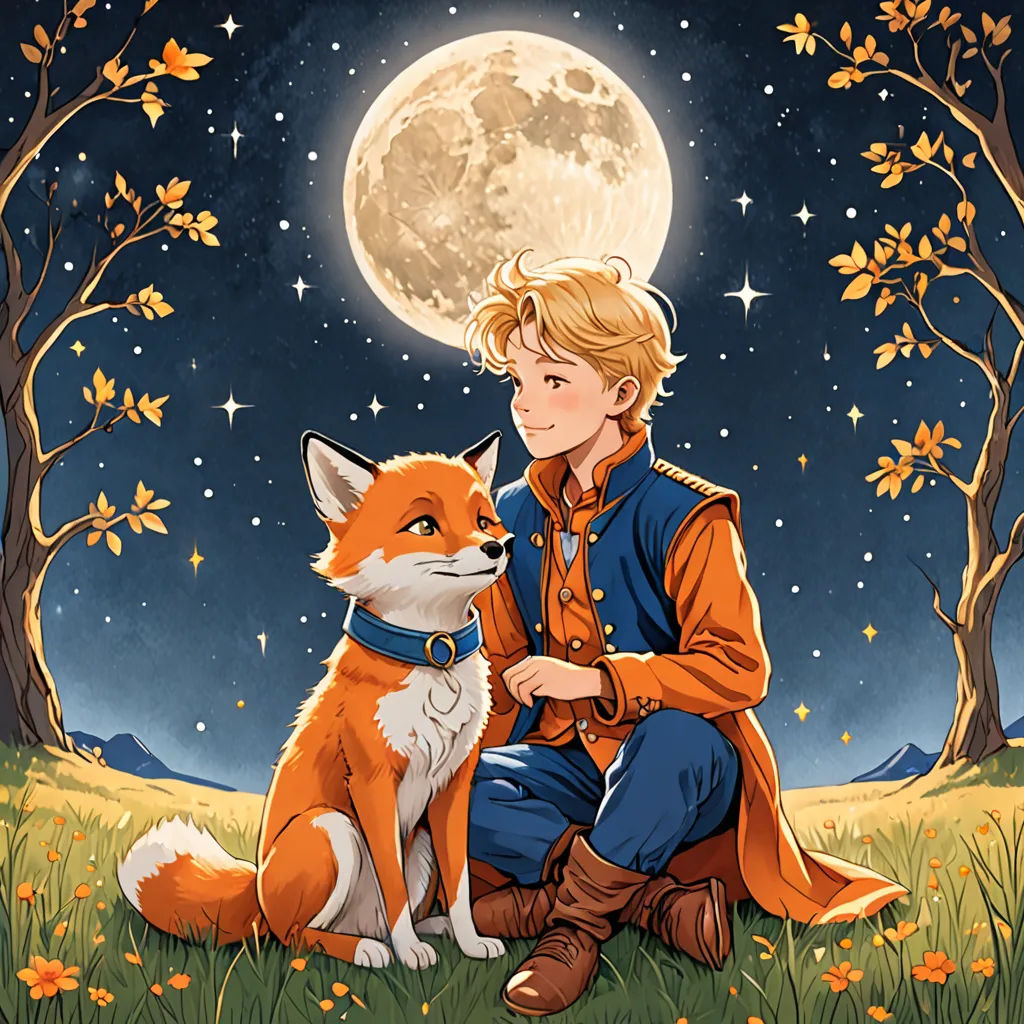 a boy sitting on the ground next to a fox under a full moon with trees and flowers in the background, fantasy art, a storybook illustration, Aaron Jasinski, official art