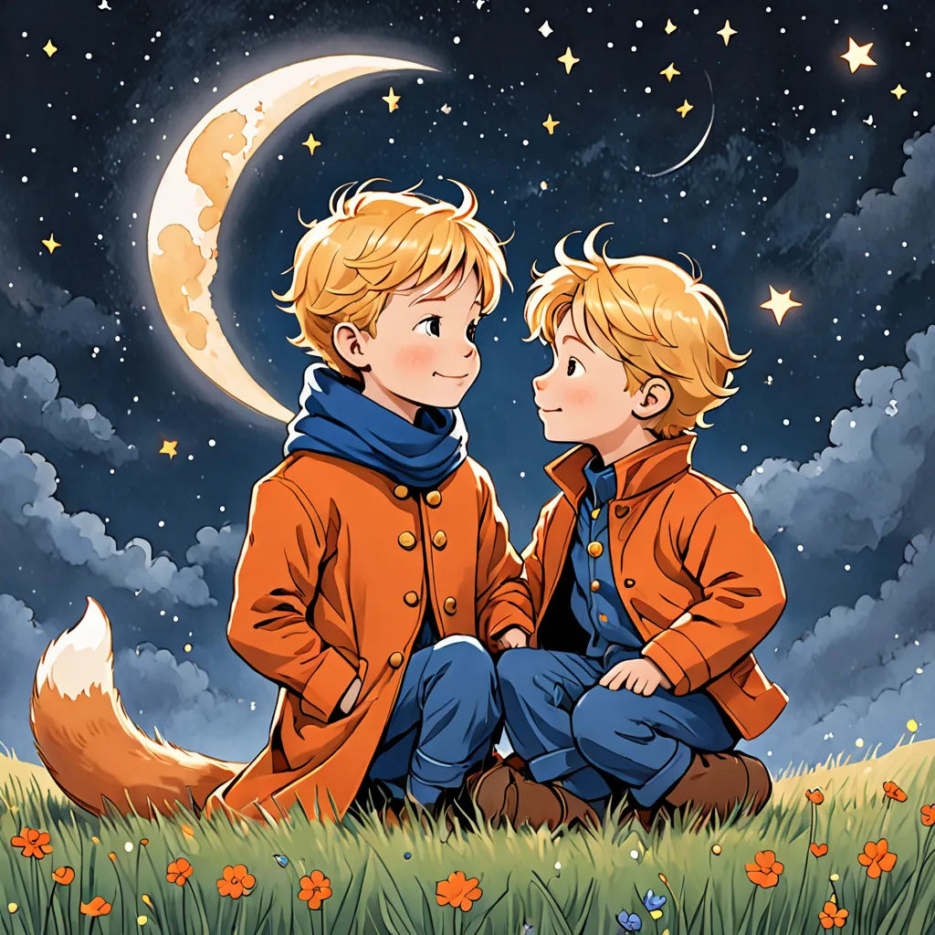 two children sitting on the grass with a moon in the background and stars in the sky above them,, space art, a storybook illustration, Caspar Wolf, official art