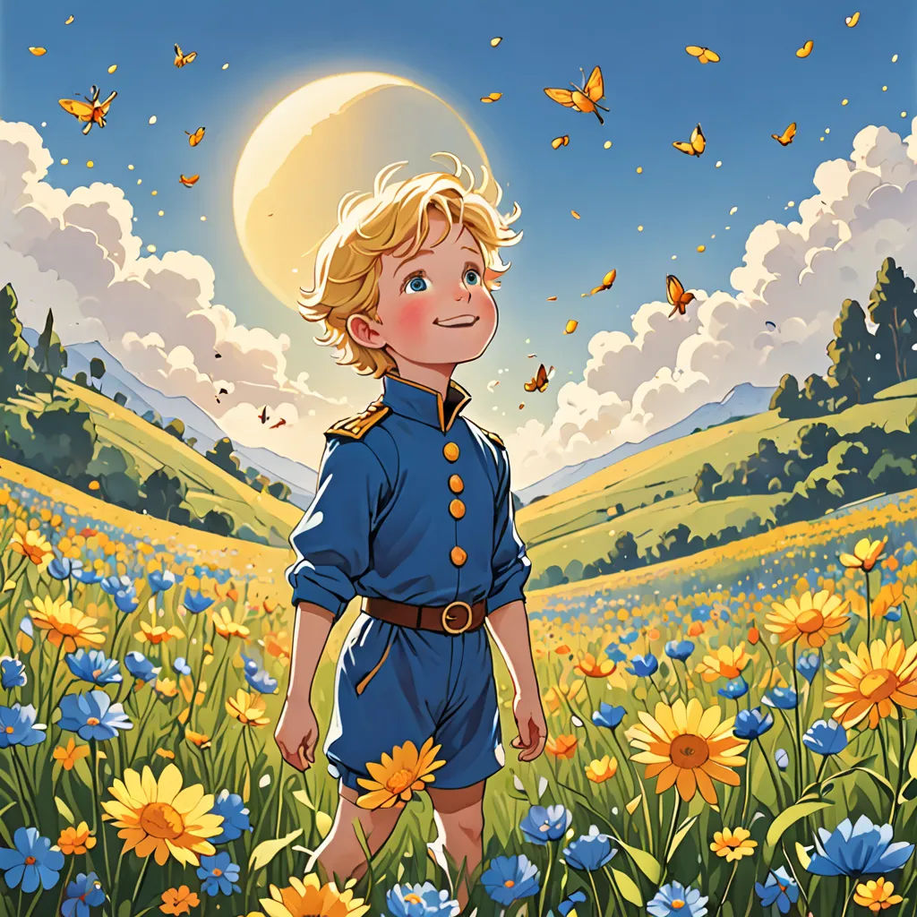 a boy in a field of flowers with a butterfly flying overhead in the background of the painting, the boy is wearing a blue uniform, fantasy art, a storybook illustration, Aaron Jasinski, official art